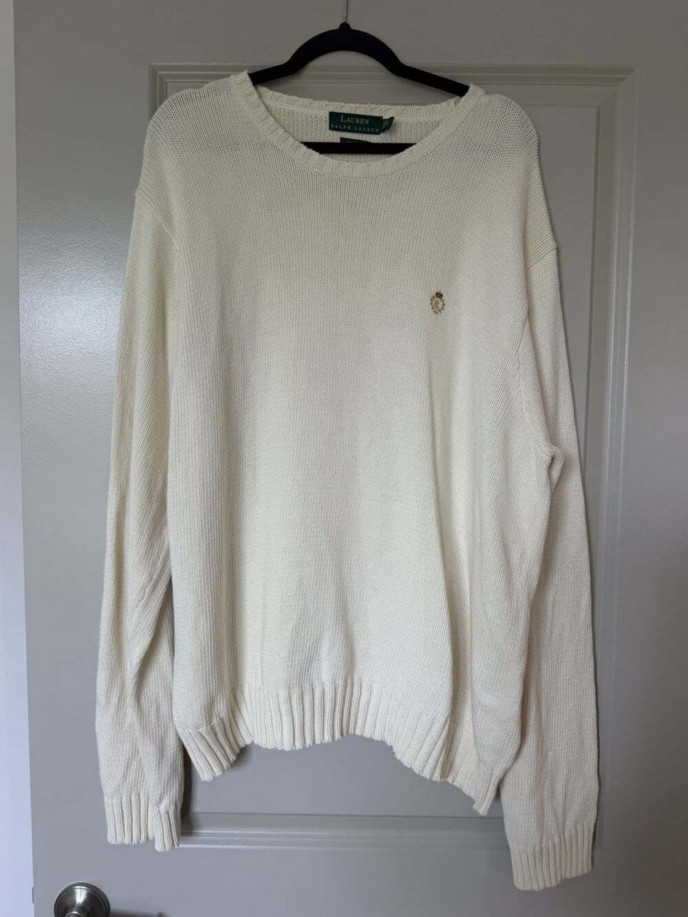 Lauren Ralph Lauren White 100% Cotton Knit Crewneck Sweater w/ Crest XL